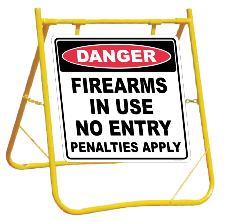 DANGER Firearms In Use No Entry Sign and Stand Combo A400303