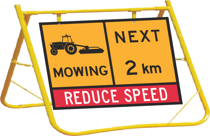 Mowing Next 2km Sign with Stand Combo A400325